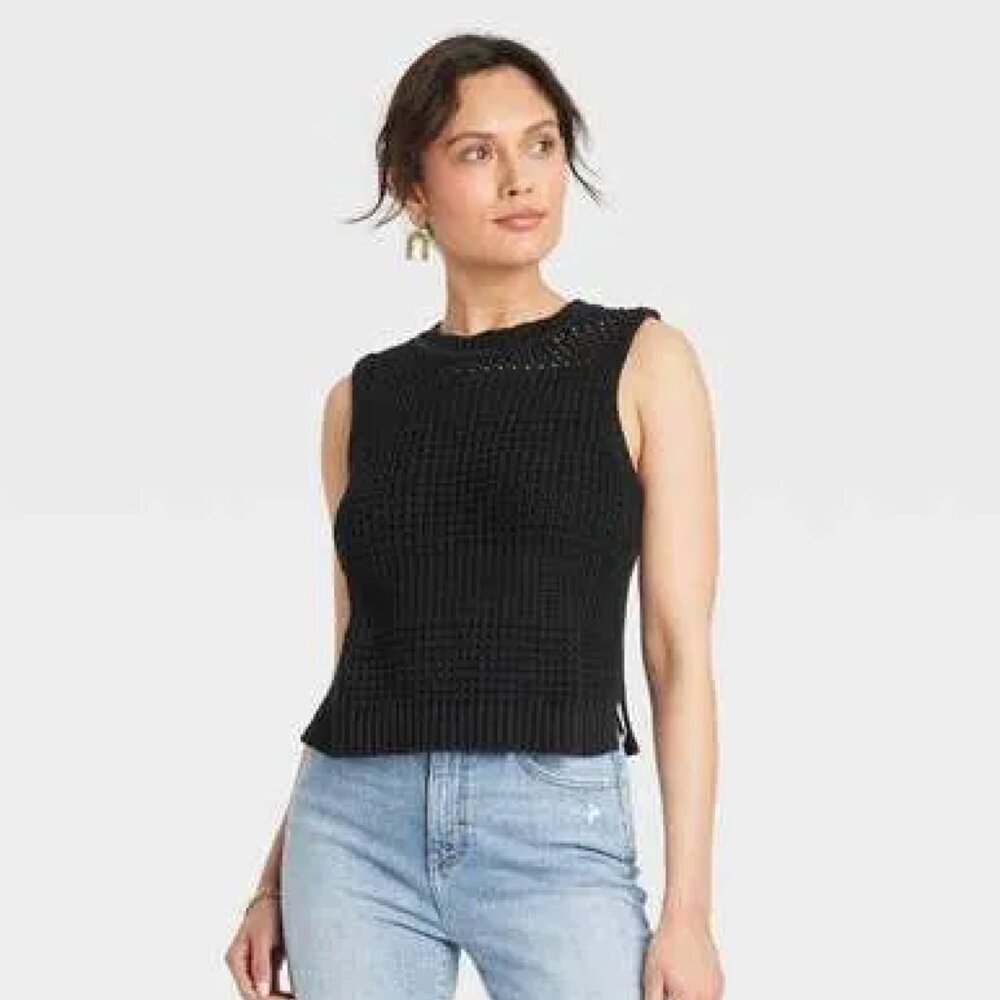 Universal Thread | EUC Openwork Crochet Sleeveless Sweater Tank Top Black Medium